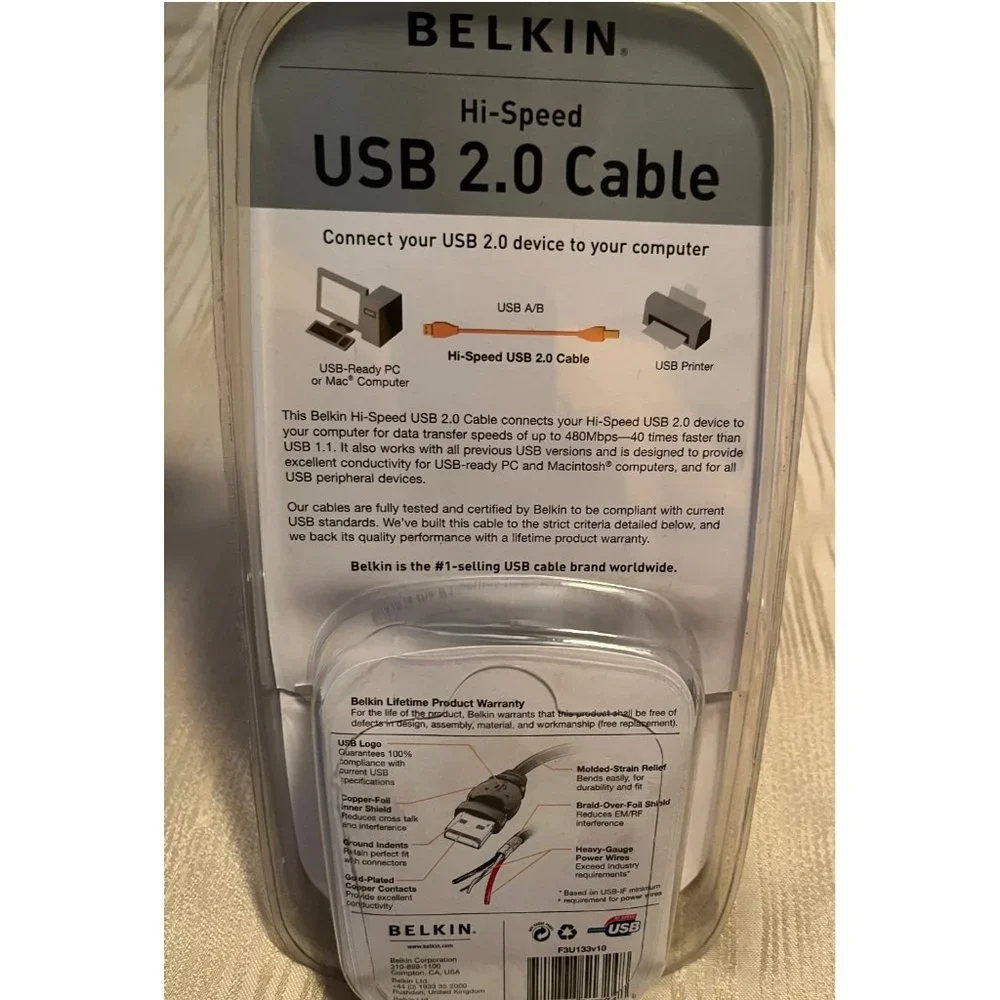 New BELKIN Printer Cable USB 2 High-Speed 2.0 Cable 10 FOOT 3mm USB A Plug to
